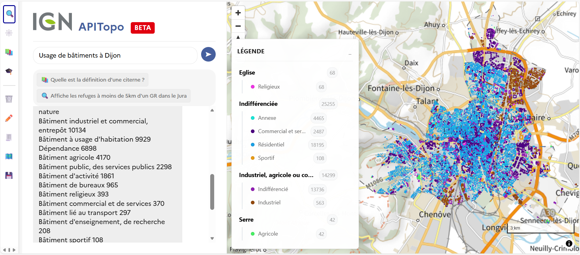 Usage des bâtiments à Dijon avec  l'APITopo