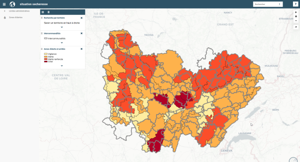 Carte interactive pour les zones d'alerte secheresse et leur arrété de restriction